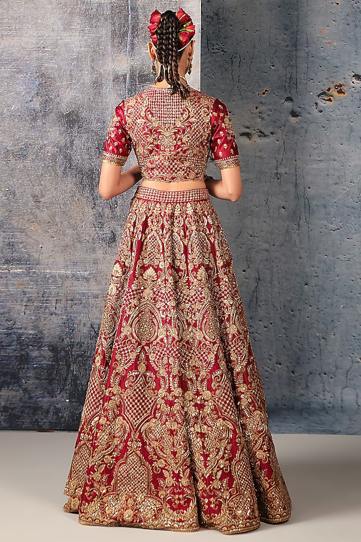 Maroon Kora Silk & Organza Zardosi Embroidered Bridal Lehenga Set by Niti Bothra at Pernia's Pop Up Shop