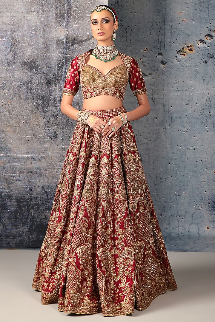 Maroon Kora Silk & Organza Zardosi Embroidered Bridal Lehenga Set by Niti Bothra at Pernia's Pop Up Shop