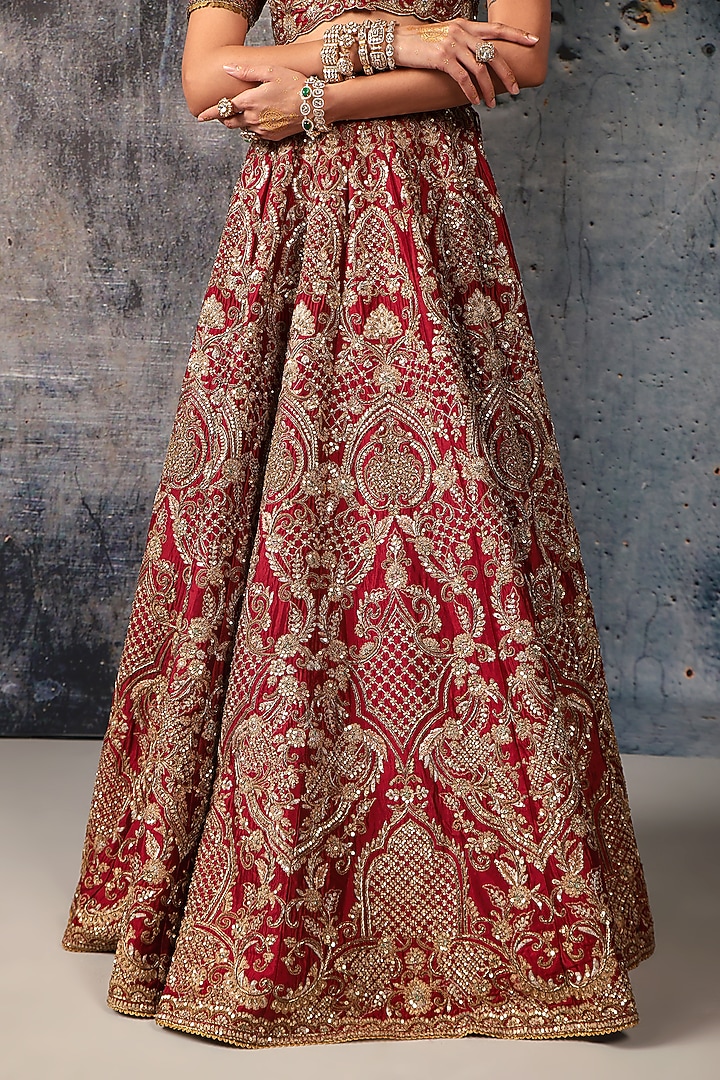 Maroon Kora Silk & Organza Zardosi Embroidered Bridal Lehenga Set by Niti Bothra at Pernia's Pop Up Shop