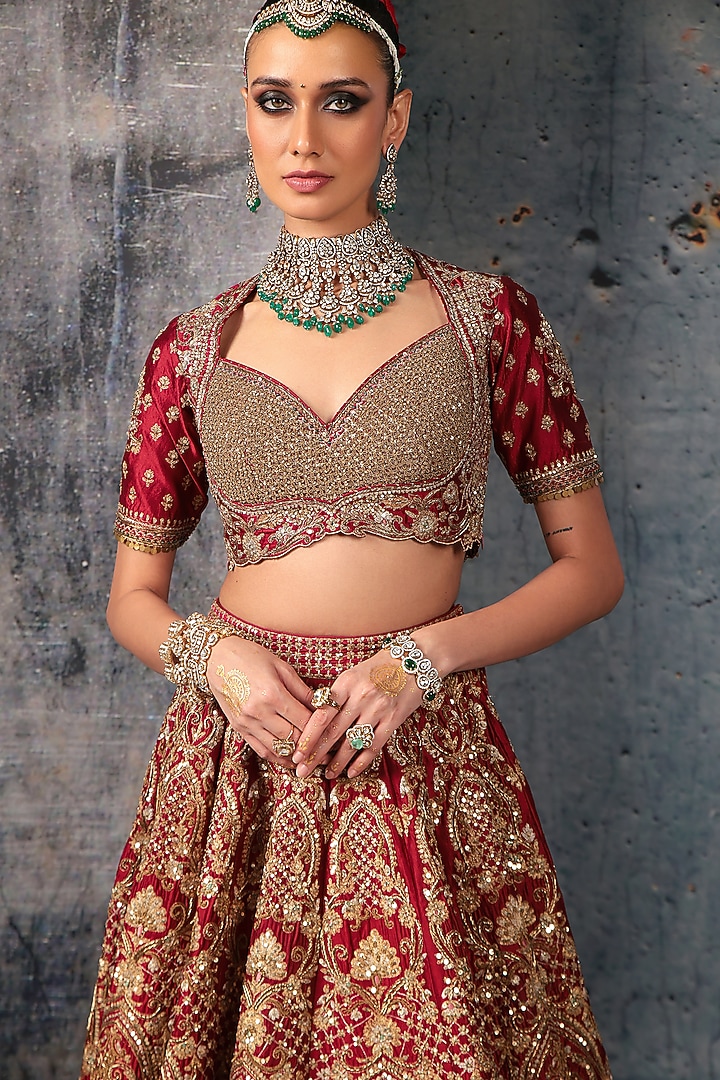 Maroon Kora Silk & Organza Zardosi Embroidered Bridal Lehenga Set by Niti Bothra at Pernia's Pop Up Shop