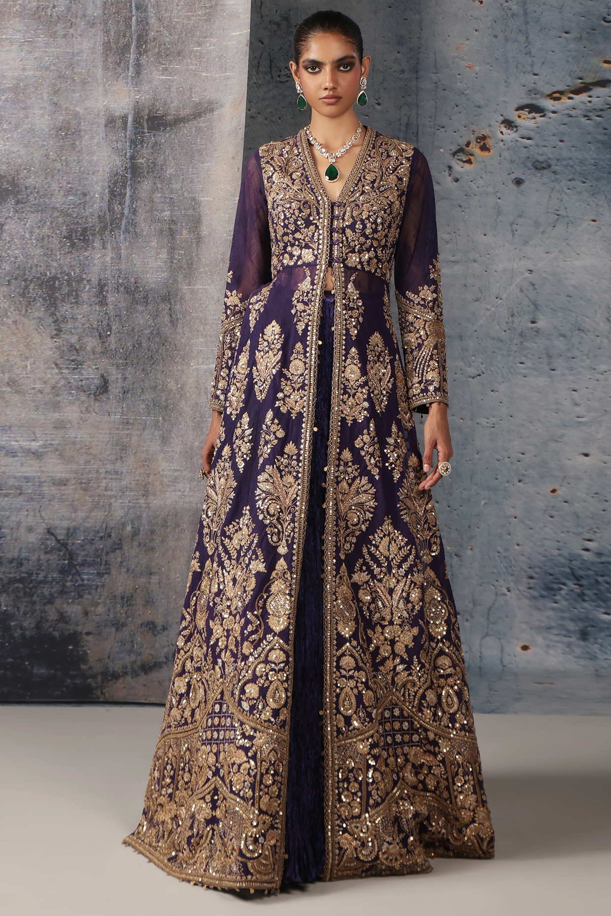 Niti Bothra Purple Crushed Pure Silk & Net Zardosi Embroidered Long Jacket Set