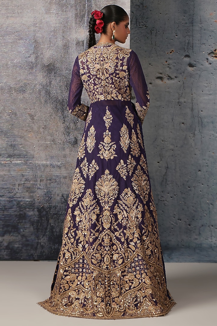 Purple Crushed Pure Silk & Net Zardosi Embroidered Long Jacket Set by Niti Bothra at Pernia's Pop Up Shop