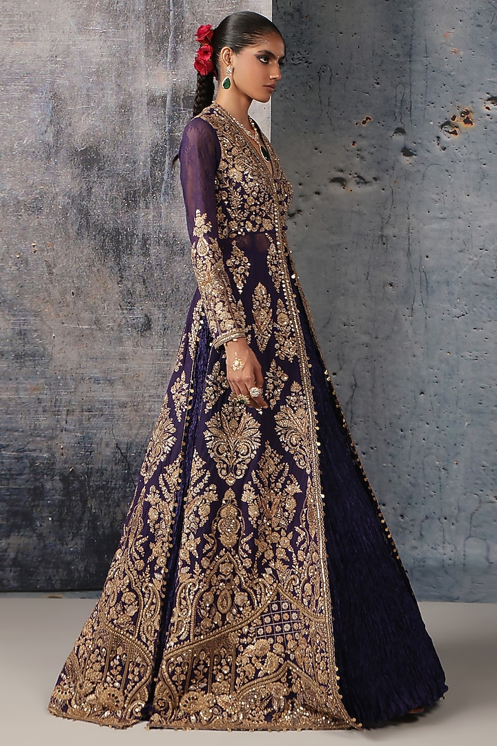 Purple Crushed Pure Silk & Net Zardosi Embroidered Long Jacket Set by Niti Bothra at Pernia's Pop Up Shop