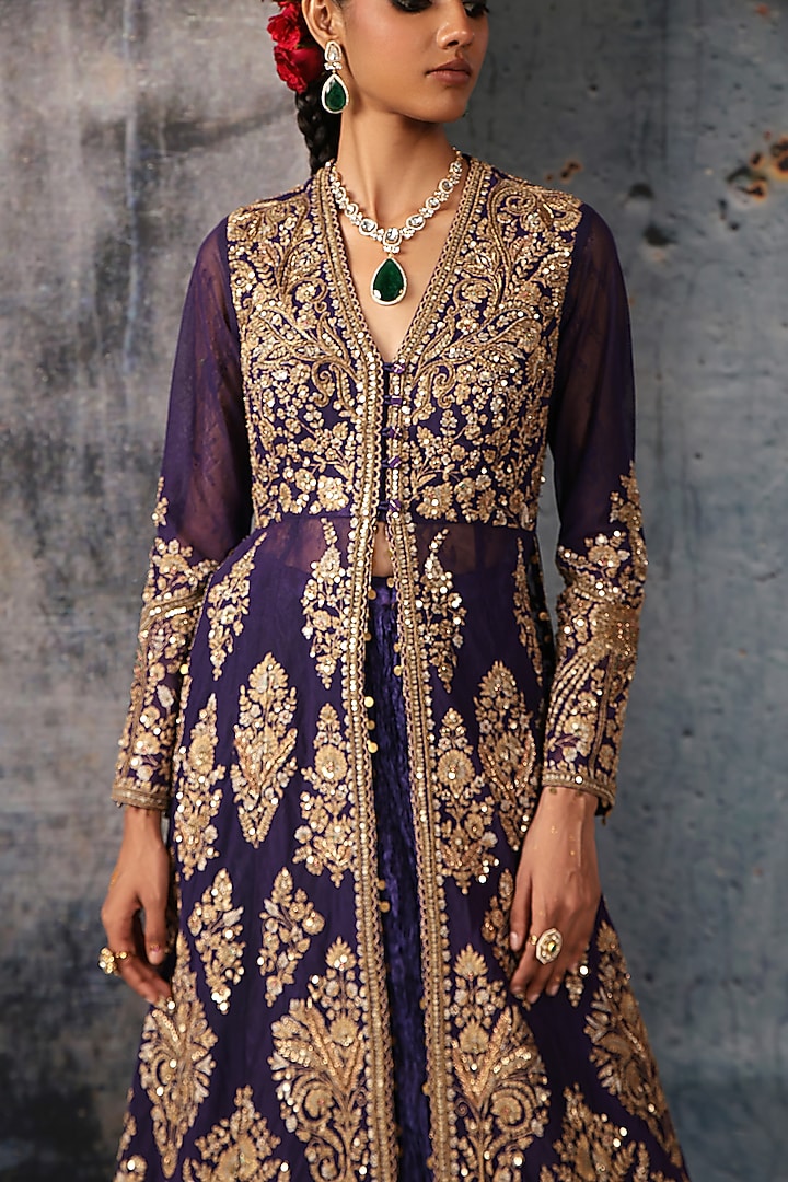 Purple Crushed Pure Silk & Net Zardosi Embroidered Long Jacket Set by Niti Bothra at Pernia's Pop Up Shop