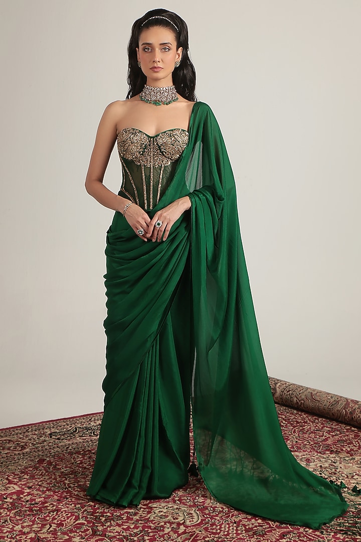 Green Crepe & Net Wedding Saree Set by Niti Bothra at Pernia's Pop Up Shop
