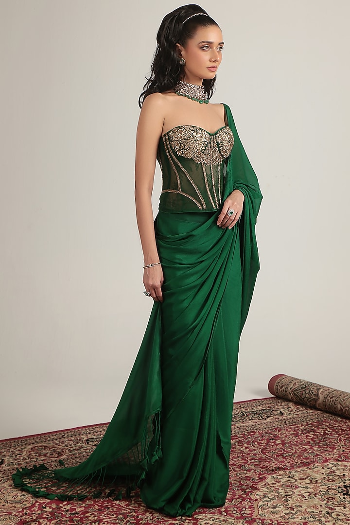 Green Crepe & Net Wedding Saree Set by Niti Bothra at Pernia's Pop Up Shop