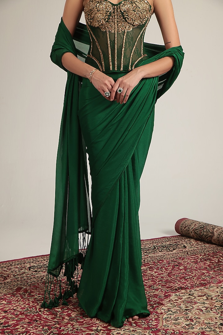 Green Crepe & Net Wedding Saree Set by Niti Bothra at Pernia's Pop Up Shop
