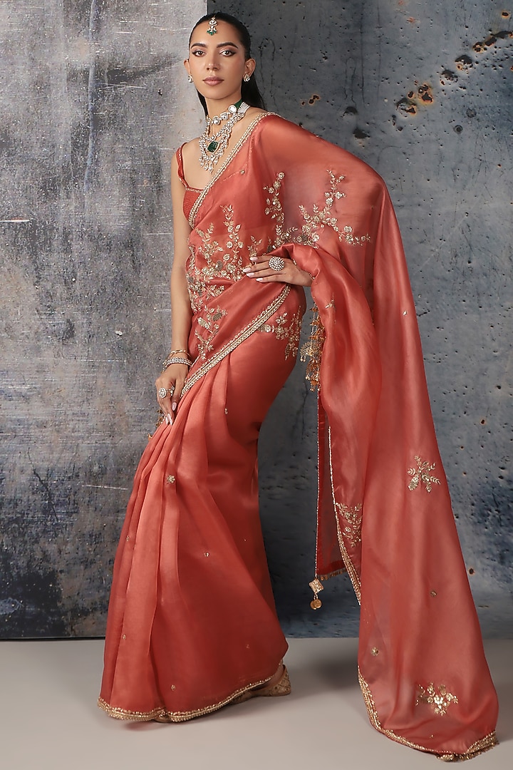 Orange Organza & Net Zardosi Embroidered Reception Saree Set by Niti Bothra at Pernia's Pop Up Shop