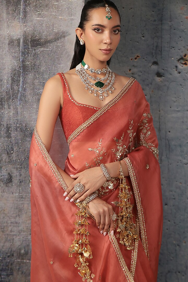 Orange Organza & Net Zardosi Embroidered Reception Saree Set by Niti Bothra at Pernia's Pop Up Shop