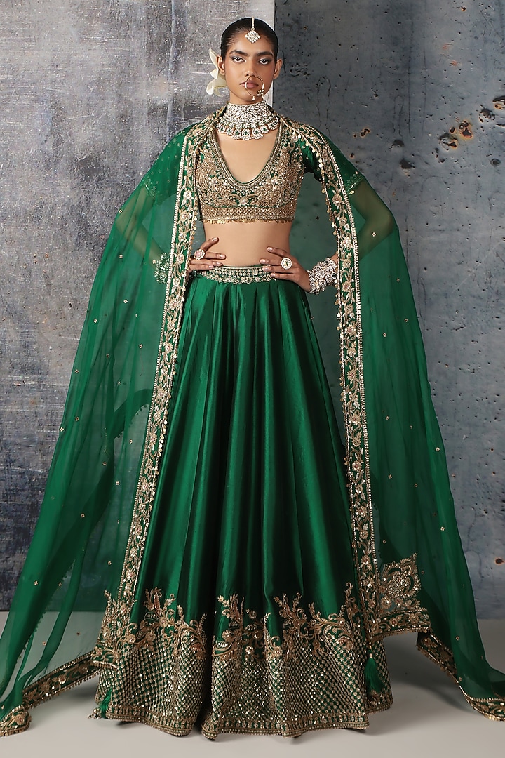 Green Kora Silk Zardosi Embroidered Bridal Lehenga Set by Niti Bothra at Pernia's Pop Up Shop