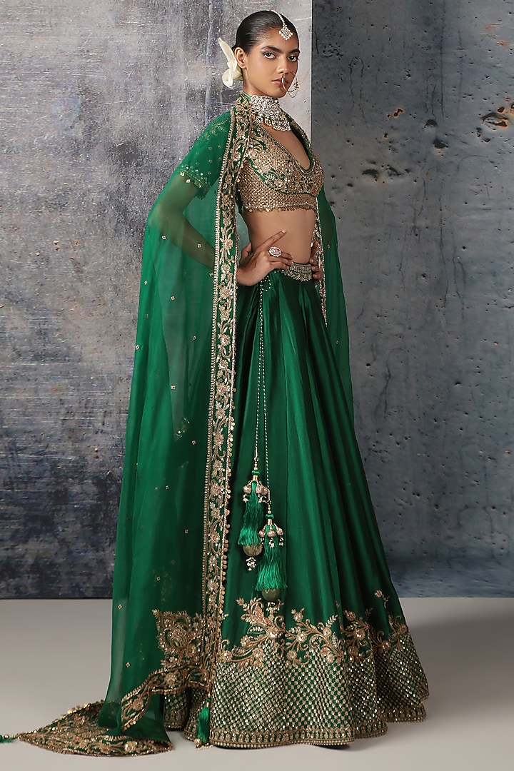 Green Kora Silk Zardosi Embroidered Bridal Lehenga Set by Niti Bothra at Pernia's Pop Up Shop