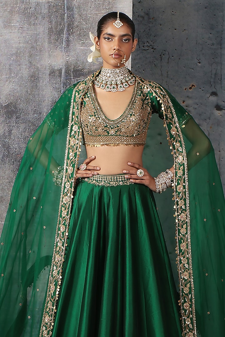 Green Kora Silk Zardosi Embroidered Bridal Lehenga Set by Niti Bothra at Pernia's Pop Up Shop