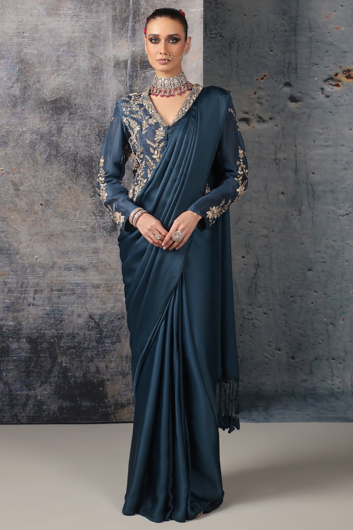 Niti Bothra Blue Bemberg Satin & Organza Saree Set