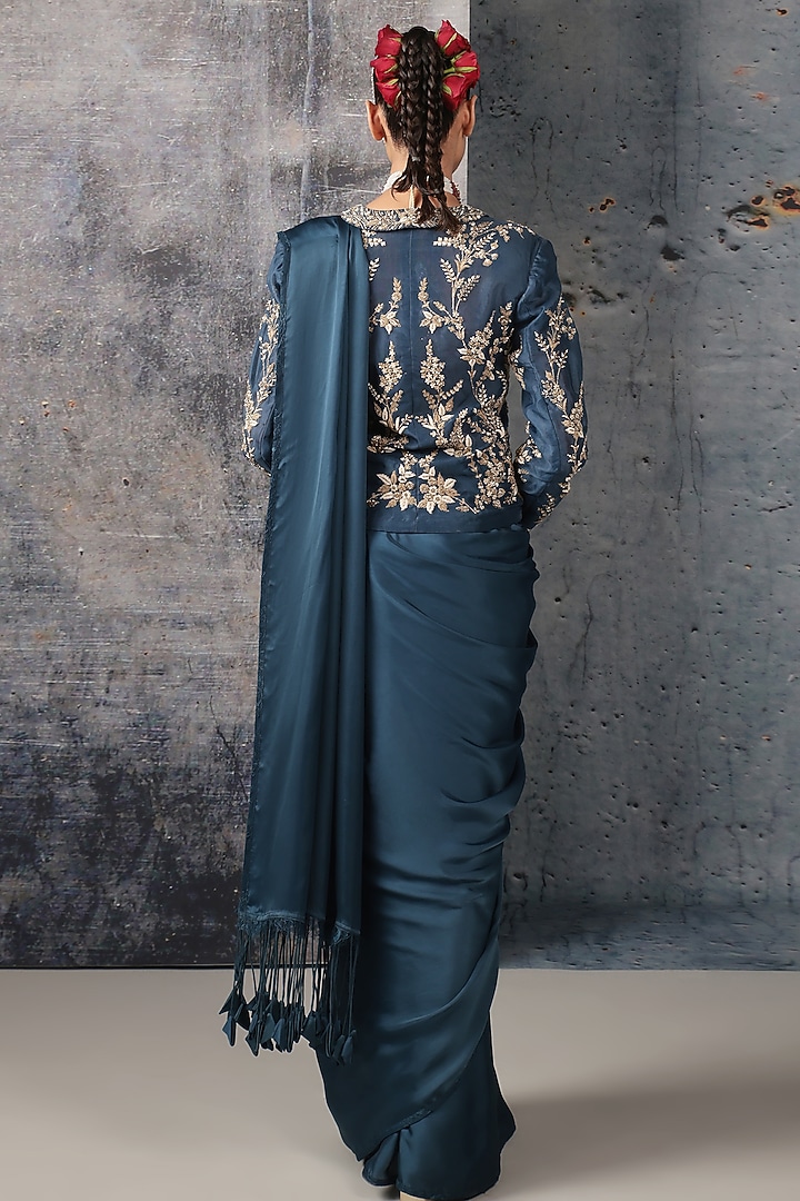 Blue Bemberg Satin & Organza Reception Saree Set by Niti Bothra at Pernia's Pop Up Shop