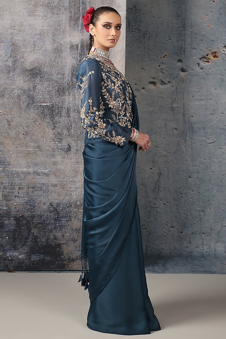 Blue Bemberg Satin & Organza Reception Saree Set by Niti Bothra at Pernia's Pop Up Shop