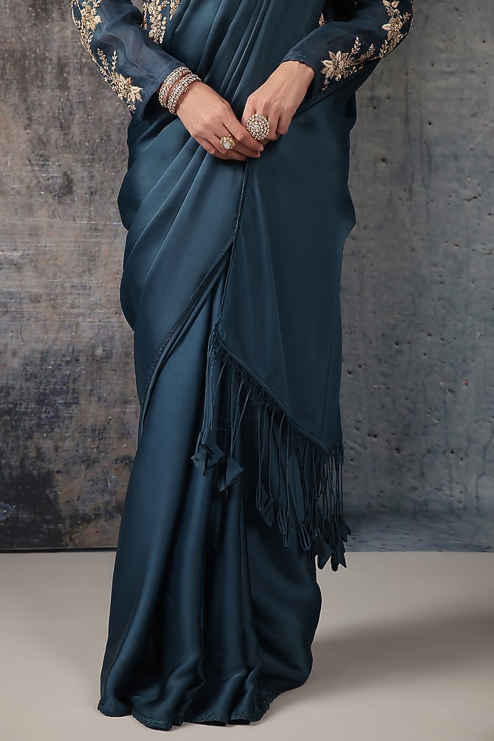 Blue Bemberg Satin & Organza Reception Saree Set by Niti Bothra at Pernia's Pop Up Shop