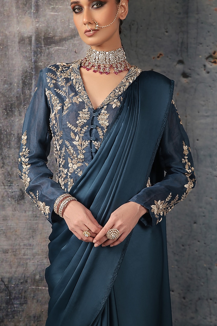 Blue Bemberg Satin & Organza Reception Saree Set by Niti Bothra at Pernia's Pop Up Shop