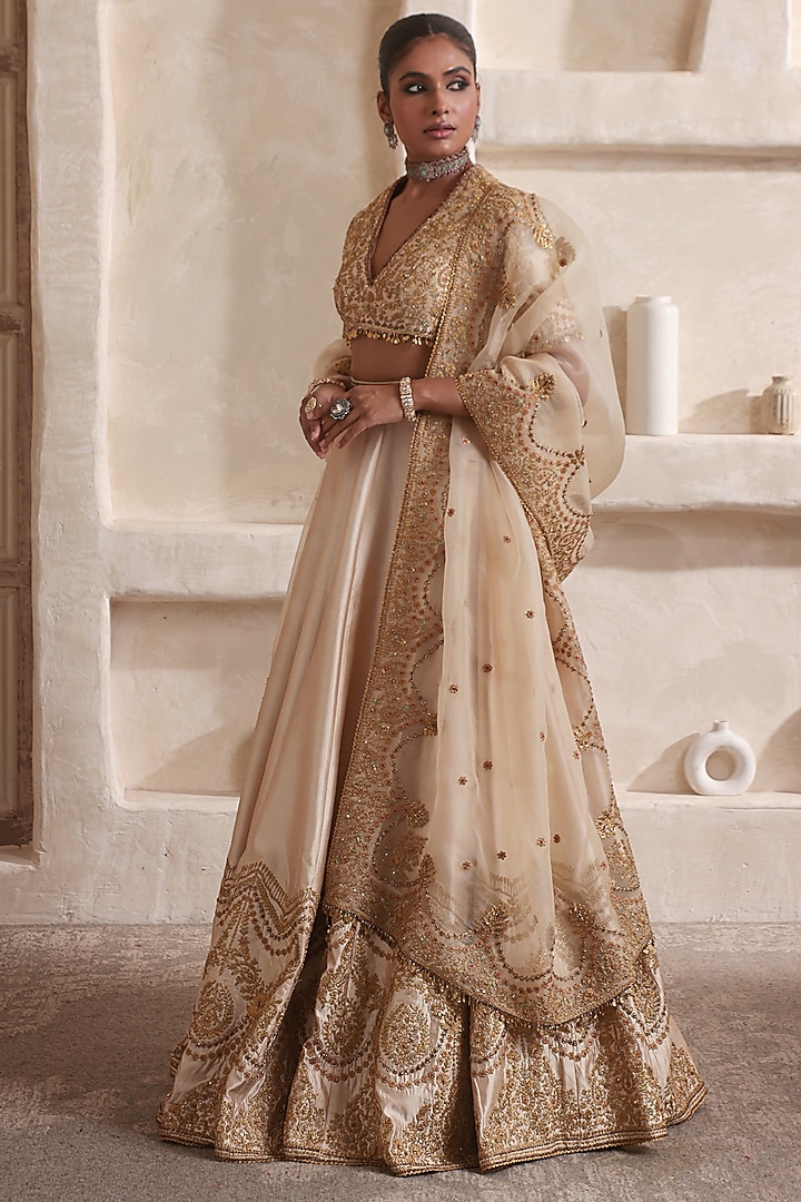 Ivory Kora Silk & Organza Zardosi Embroidered Bridal Lehenga Set by Niti Bothra at Pernia's Pop Up Shop