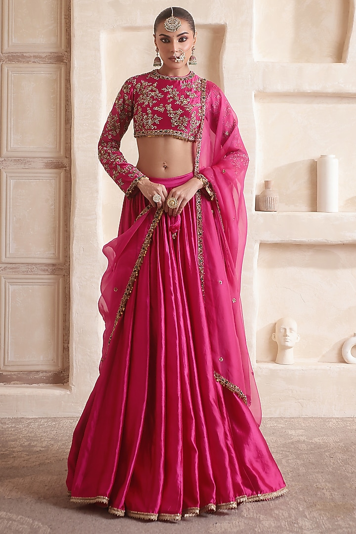 Pink Kora Silk & Organza Zardosi Embroidered Bridal Lehenga Set by Niti Bothra at Pernia's Pop Up Shop