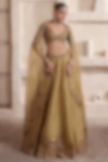 Olive Green Kora Silk & Organza Zardosi Embroidered Bridal Lehenga Set by Niti Bothra at Pernia's Pop Up Shop