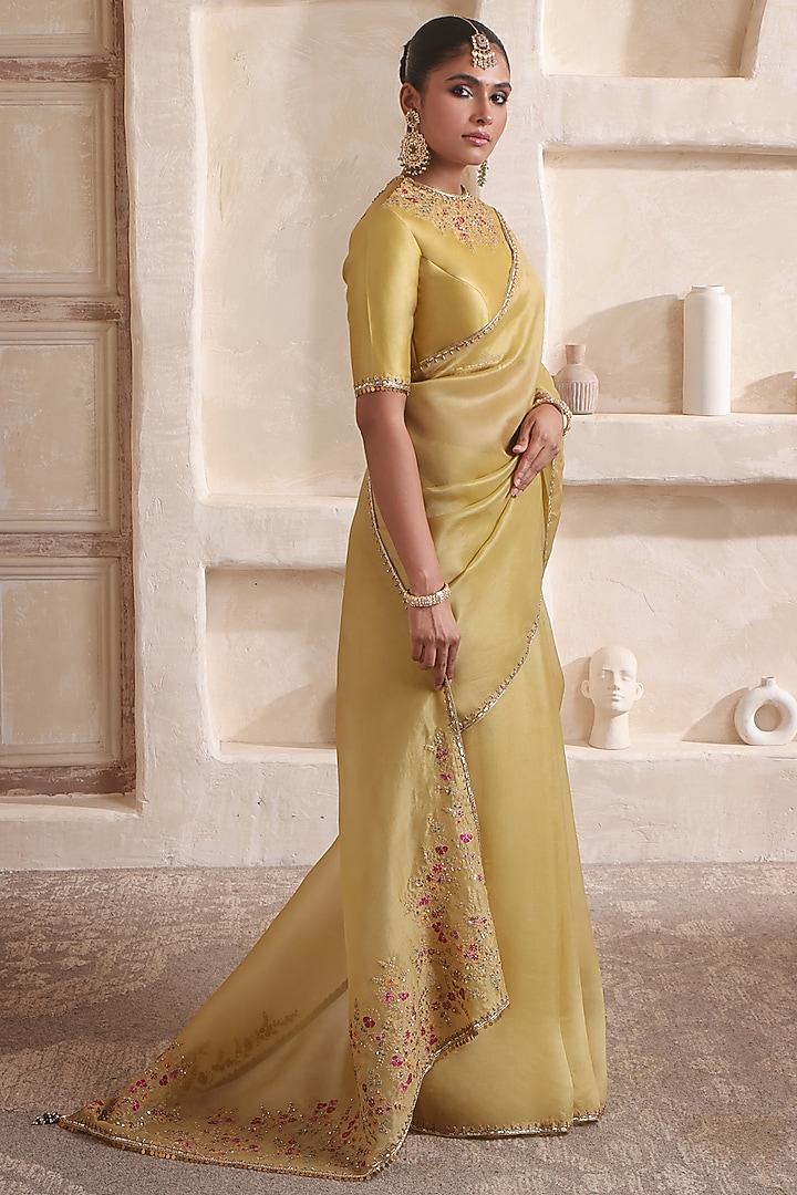 Olive Green Kora Silk & Organza Zardosi Embroidered Wedding Saree Set by Niti Bothra at Pernia's Pop Up Shop