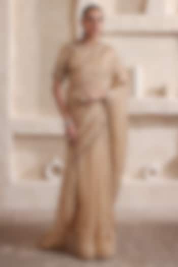 Ivory Kora Silk & Organza Zardosi Embroidered Reception Saree Set by Niti Bothra at Pernia's Pop Up Shop