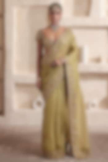 Olive Green Kora Silk & Organza Zardosi Embroidered Reception Saree Set by Niti Bothra at Pernia's Pop Up Shop