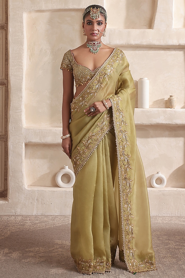 Olive Green Kora Silk & Organza Zardosi Embroidered Reception Saree Set by Niti Bothra at Pernia's Pop Up Shop