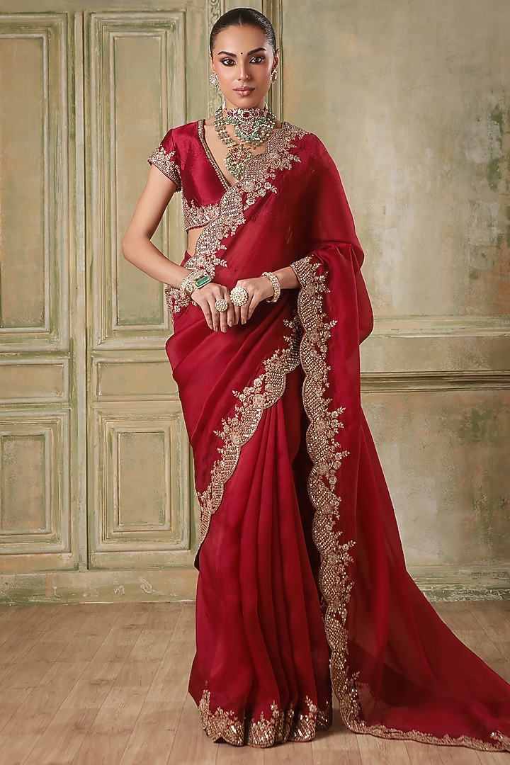 Maroon Kora Silk & Organza Zardosi Embroidered Reception Saree Set by Niti Bothra at Pernia's Pop Up Shop
