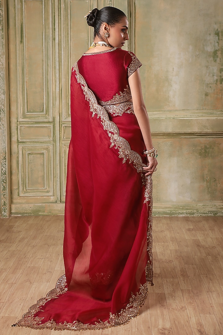 Maroon Kora Silk & Organza Zardosi Embroidered Reception Saree Set by Niti Bothra at Pernia's Pop Up Shop