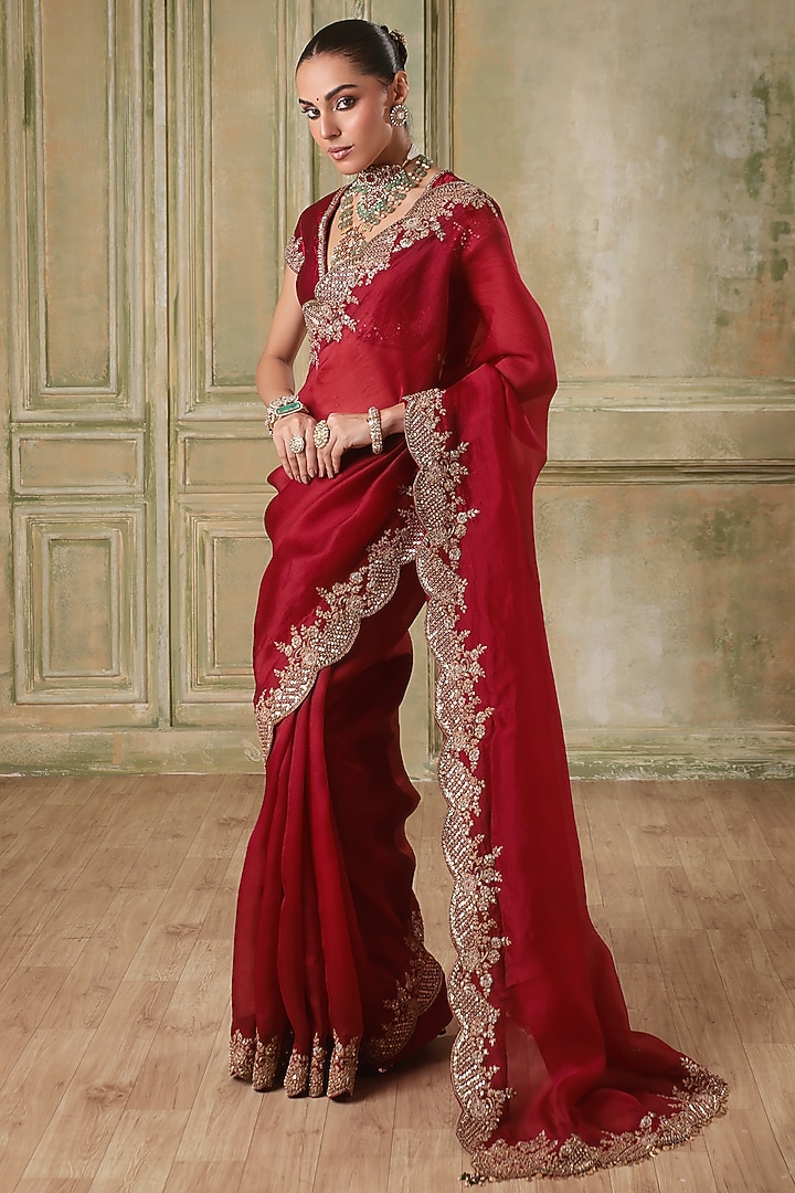 Maroon Kora Silk & Organza Zardosi Embroidered Reception Saree Set by Niti Bothra at Pernia's Pop Up Shop