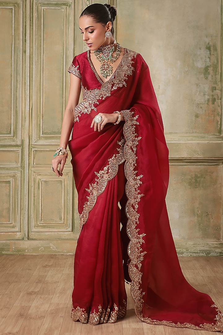 Maroon Kora Silk & Organza Zardosi Embroidered Reception Saree Set by Niti Bothra at Pernia's Pop Up Shop
