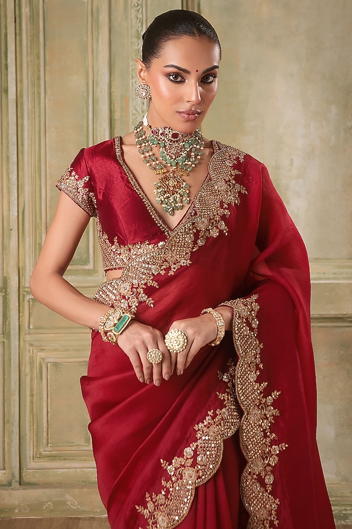 Maroon Kora Silk & Organza Zardosi Embroidered Reception Saree Set by Niti Bothra at Pernia's Pop Up Shop