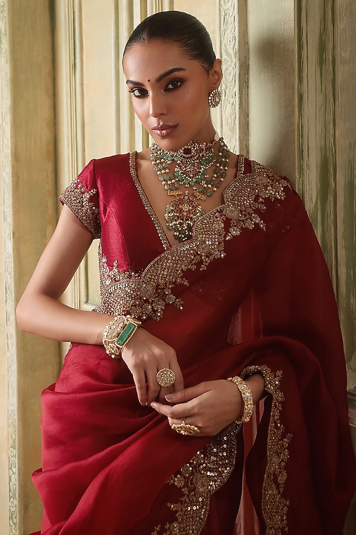 Maroon Kora Silk & Organza Zardosi Embroidered Reception Saree Set by Niti Bothra at Pernia's Pop Up Shop