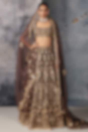 Brown Chiniya Silk & Organza Zardosi Embroidered Bridal Lehenga Set by Niti Bothra at Pernia's Pop Up Shop