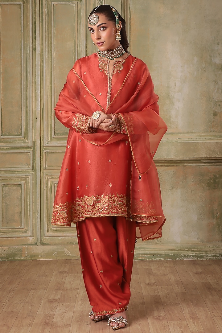 Orange Organza Zardosi Embroidered Kurta Set by Niti Bothra at Pernia's Pop Up Shop