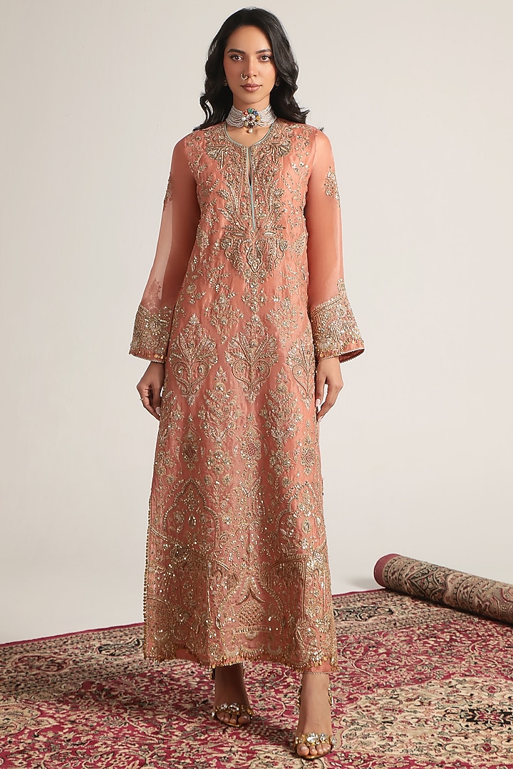 Peach Organza Zari Embroidered Kaftan by Niti Bothra at Pernia's Pop Up Shop