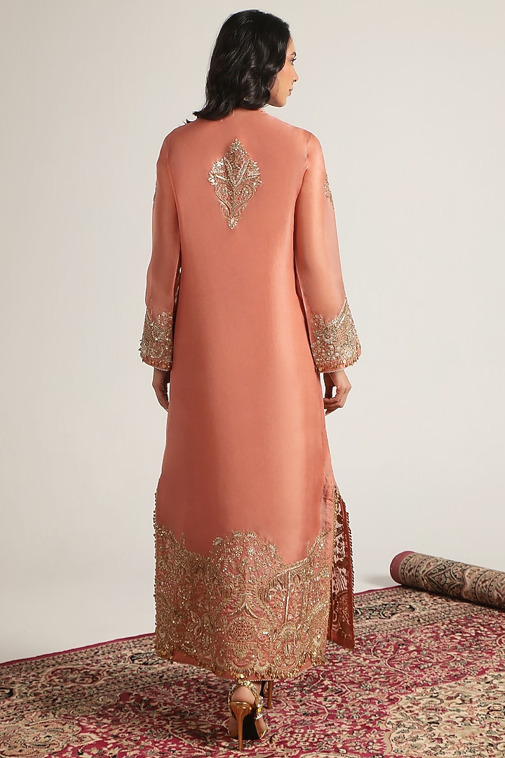 Peach Organza Zari Embroidered Kaftan by Niti Bothra at Pernia's Pop Up Shop