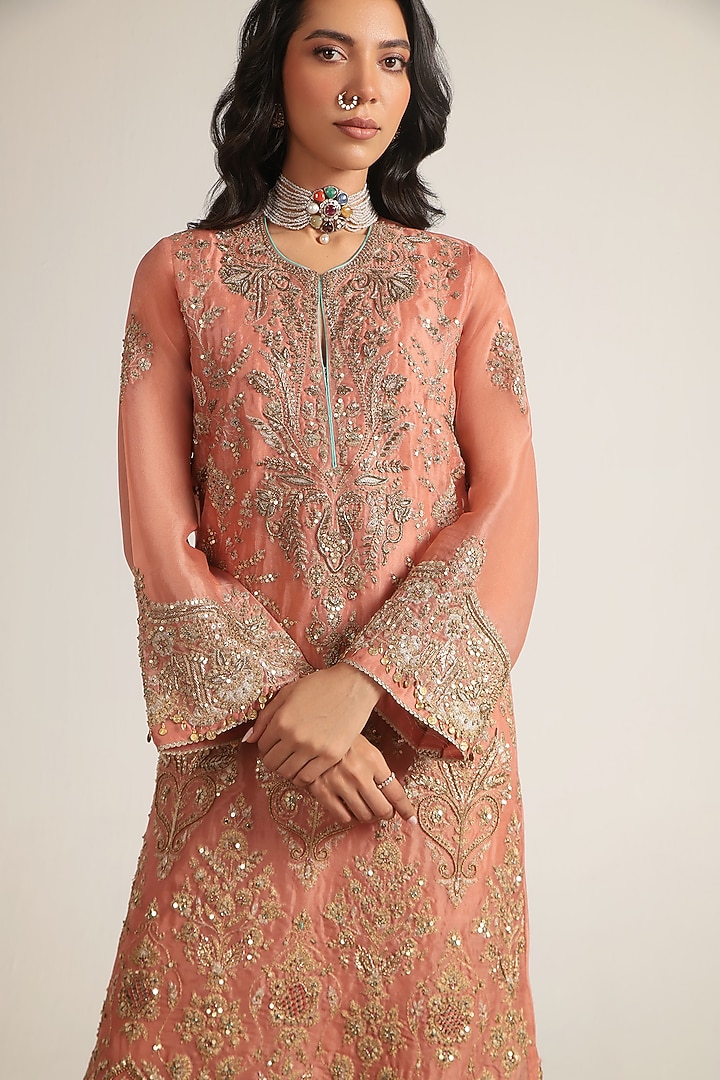 Peach Organza Zari Embroidered Kaftan by Niti Bothra at Pernia's Pop Up Shop