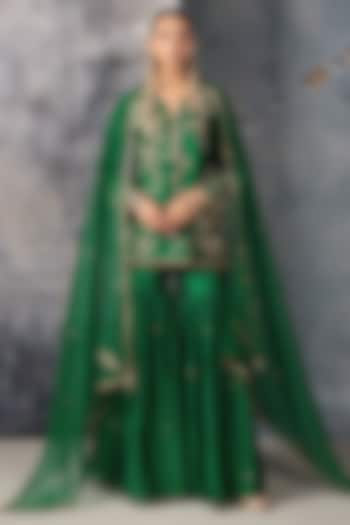 Green Silk Chanderi Zardosi Embroidered Wedding Sharara Set by Niti Bothra at Pernia's Pop Up Shop