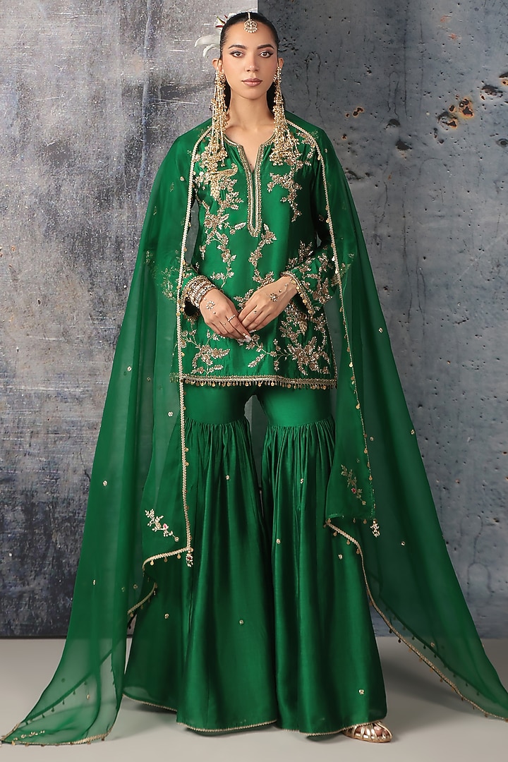 Green Silk Chanderi Zardosi Embroidered Wedding Sharara Set by Niti Bothra at Pernia's Pop Up Shop