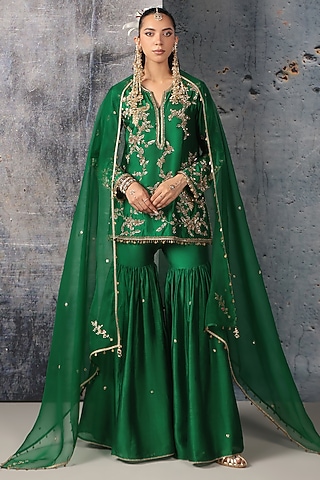 Green Silk Chanderi Zardosi Embroidered Sharara Set by Niti Bothra