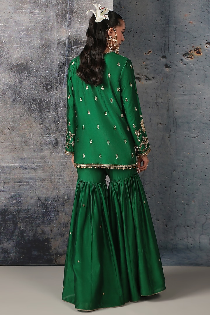 Green Silk Chanderi Zardosi Embroidered Wedding Sharara Set by Niti Bothra at Pernia's Pop Up Shop