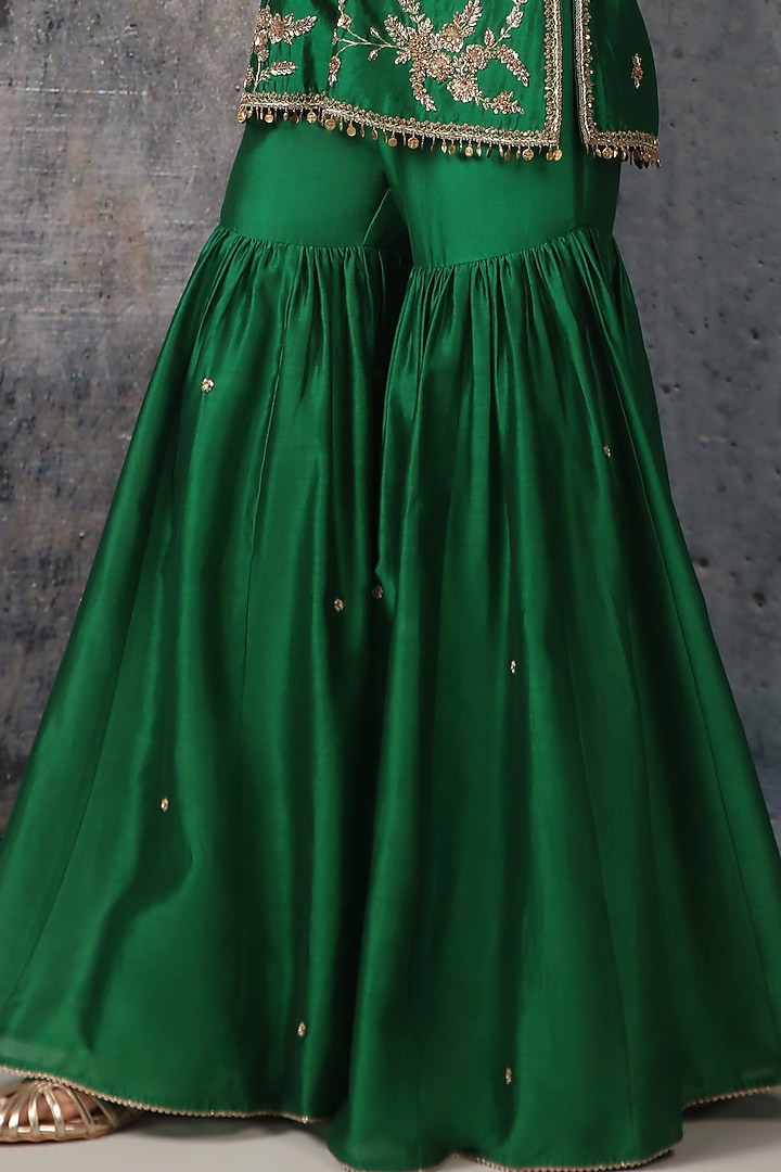Green Silk Chanderi Zardosi Embroidered Wedding Sharara Set by Niti Bothra at Pernia's Pop Up Shop