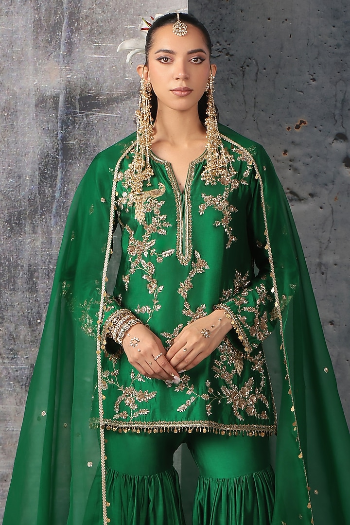 Green Silk Chanderi Zardosi Embroidered Wedding Sharara Set by Niti Bothra at Pernia's Pop Up Shop