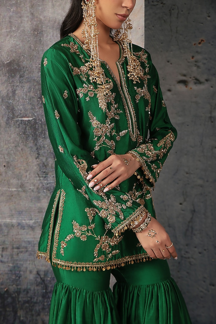 Green Silk Chanderi Zardosi Embroidered Wedding Sharara Set by Niti Bothra at Pernia's Pop Up Shop