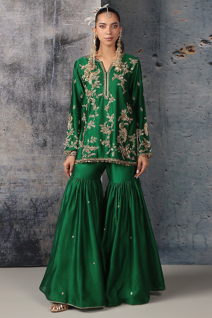 Green Silk Chanderi Zardosi Embroidered Wedding Sharara Set by Niti Bothra at Pernia's Pop Up Shop