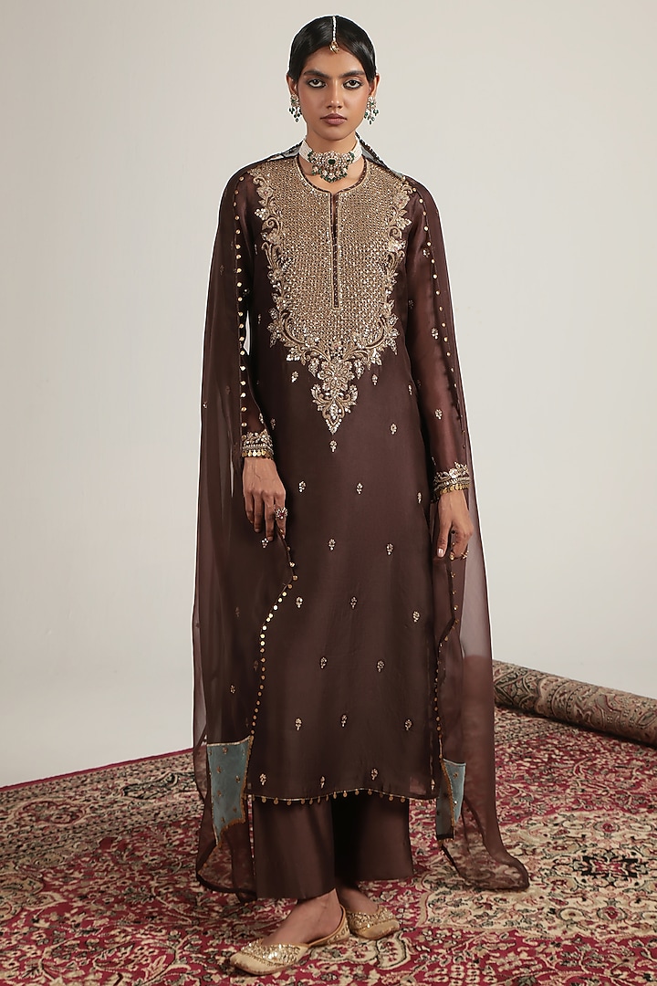 Brown Organza Zari Embroidered Kurta Set by Niti Bothra at Pernia's Pop Up Shop
