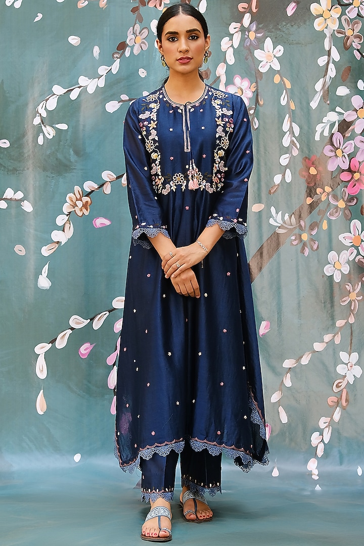 Cobalt Blue Chanderi Silk Kurta Set by Niti Bothra at Pernia's Pop Up Shop