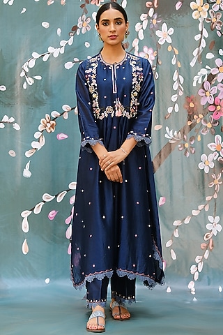 Cobalt Blue Chanderi Silk Kurta Set by Niti Bothra